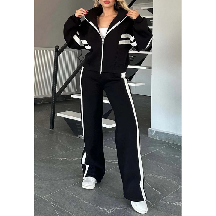Women's Zip-Up Jacket and Wide-Leg Pants Lounge Set with Contrast Stripes 3