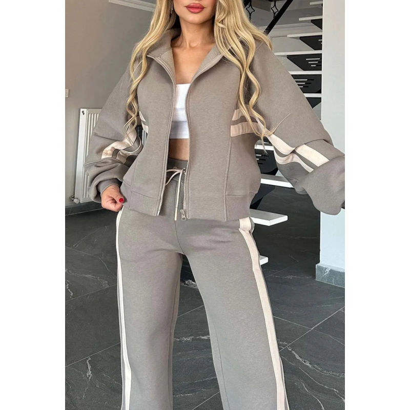 Women's Zip-Up Jacket and Wide-Leg Pants Lounge Set with Contrast Stripes 7