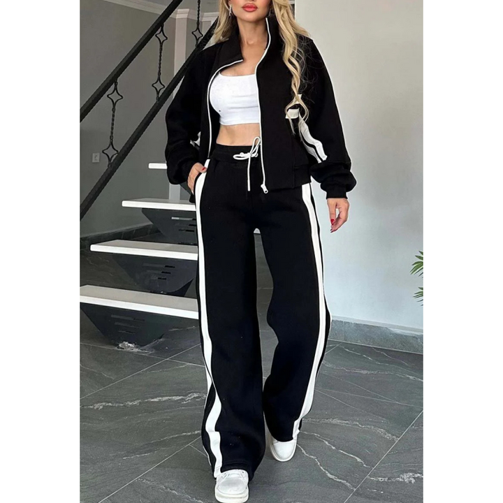 Women's Zip-Up Jacket and Wide-Leg Pants Lounge Set with Contrast Stripes 4
