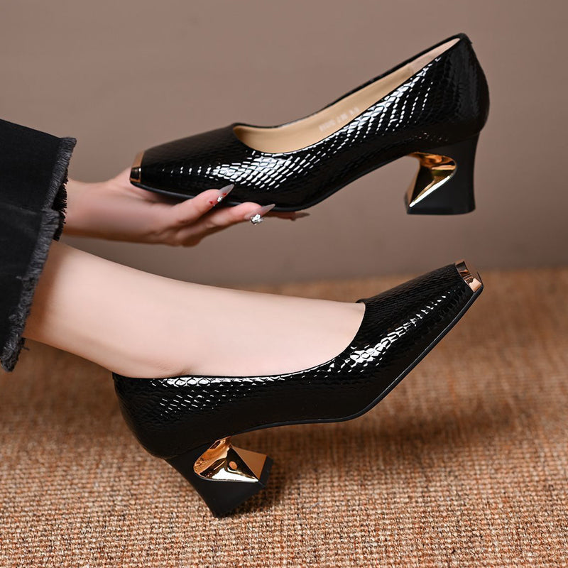 Snake Print Square Toe Heel Pumps 5