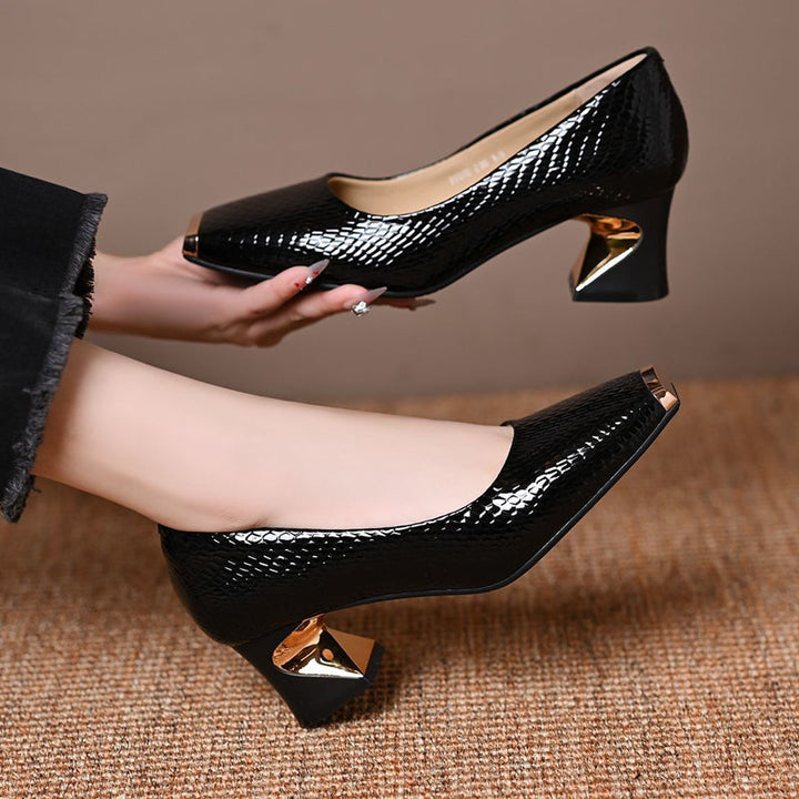 Snake Print Square Toe Heel Pumps 5