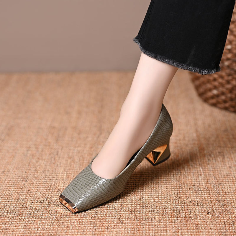 Snake Print Square Toe Heel Pumps 3