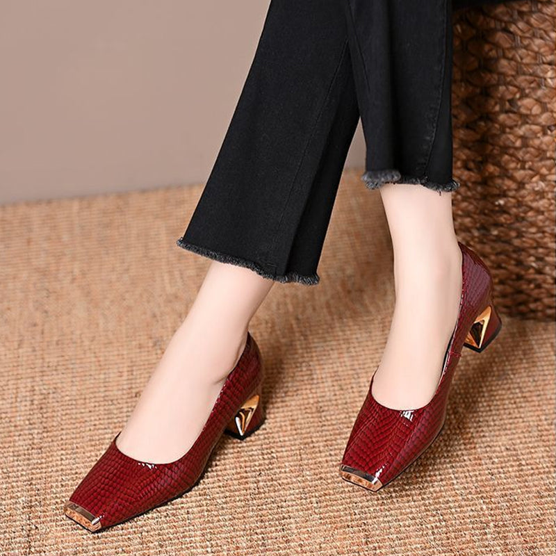 Snake Print Square Toe Heel Pumps 2
