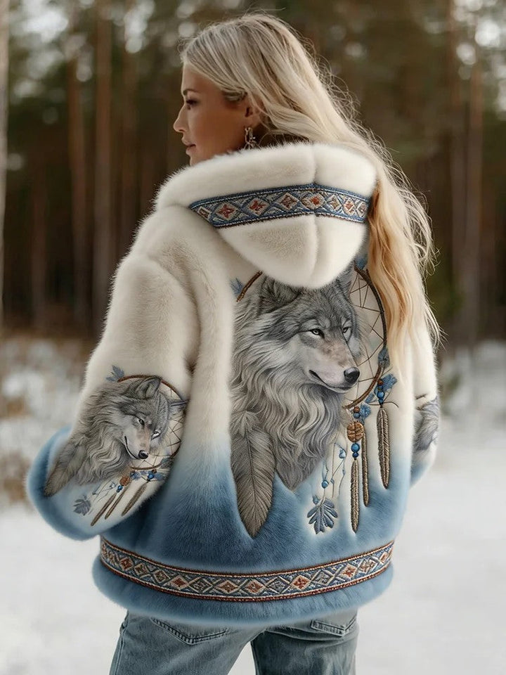 Women's Soft Hooded Jacket with Wolf Print 1