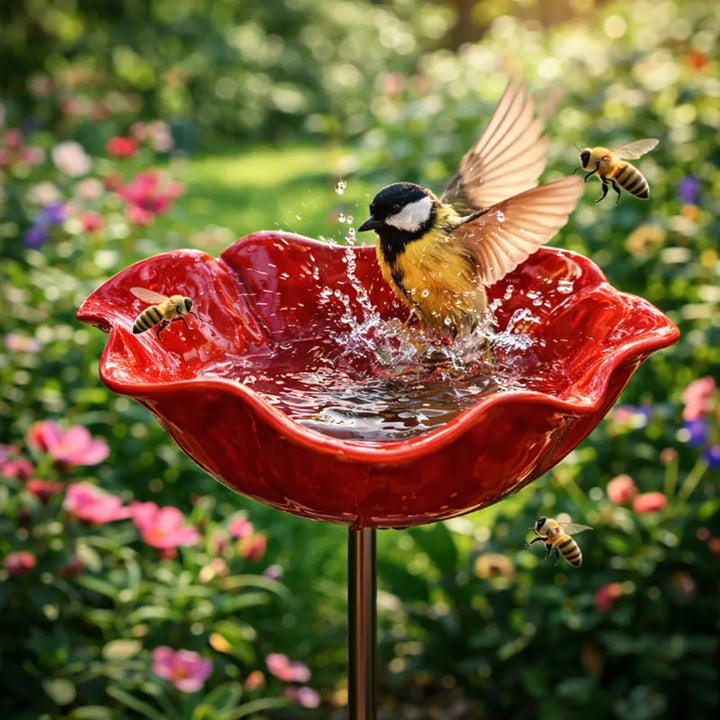 Metal Poppy Flower Bird Bath Stake - Garden & Balcony Decor, 60cm 1