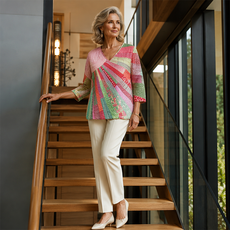 Women's Retro Patchwork Blouse with V-Neck 9