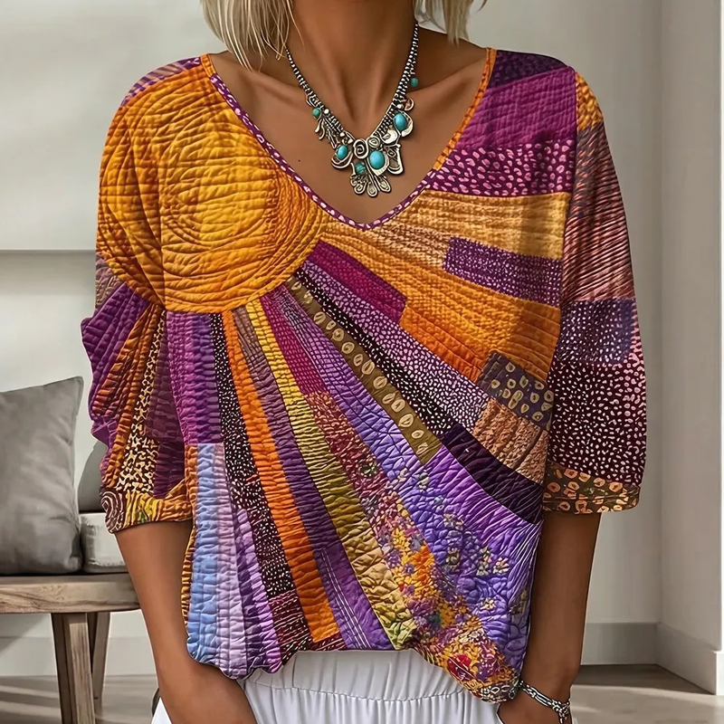 Women's Retro Patchwork Blouse with V-Neck 2