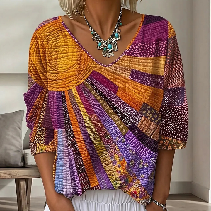 Women's Retro Patchwork Blouse with V-Neck 2