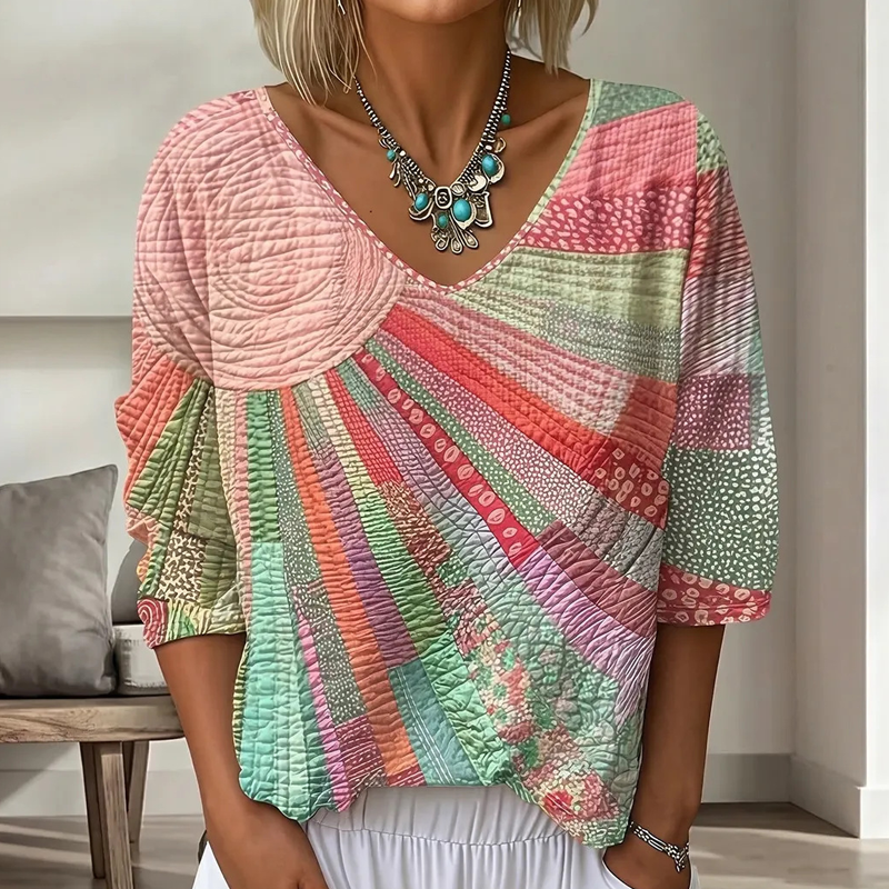 Women's Retro Patchwork Blouse with V-Neck 3