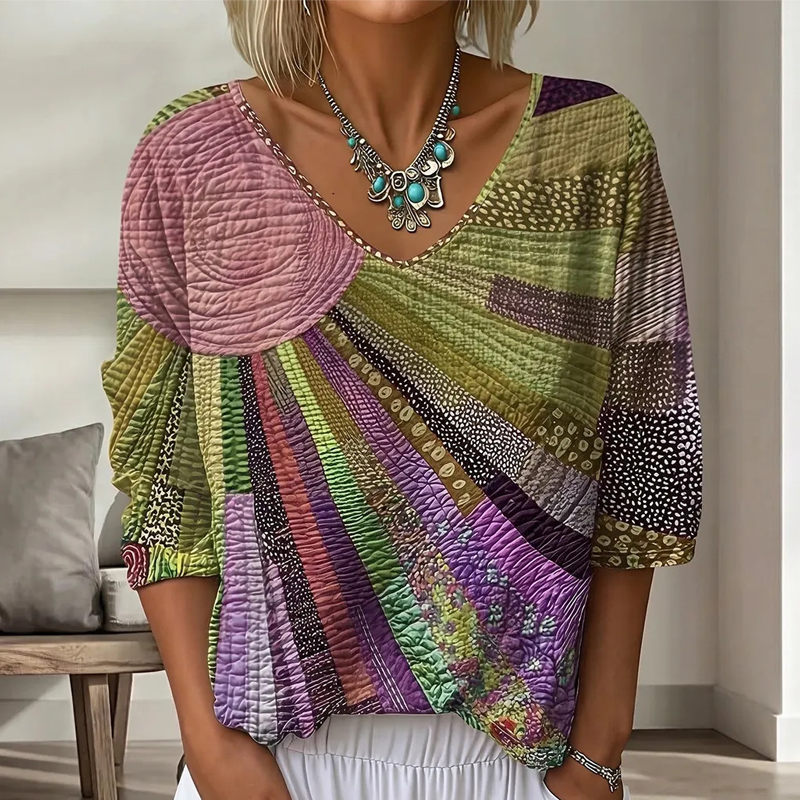 Women's Retro Patchwork Blouse with V-Neck 4
