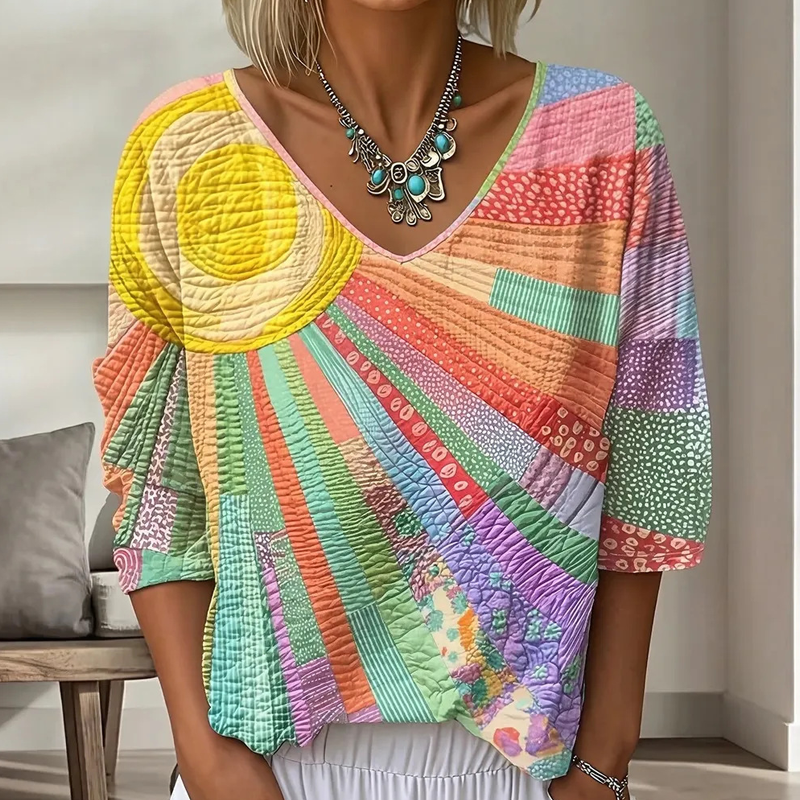 Women's Retro Patchwork Blouse with V-Neck 6