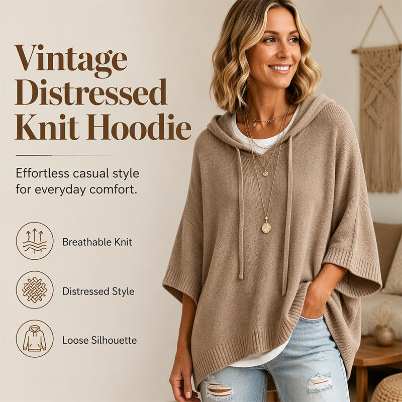 Women's Hooded Drawstring Knit Sweater, Vintage Distressed Oversized Pullover 1