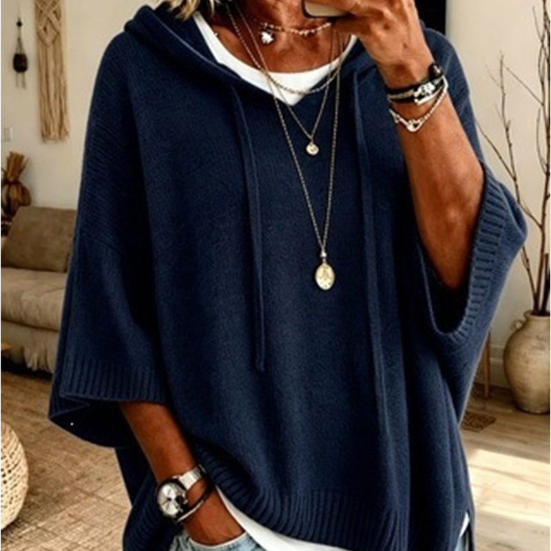 Women's Hooded Drawstring Knit Sweater, Vintage Distressed Oversized Pullover 15