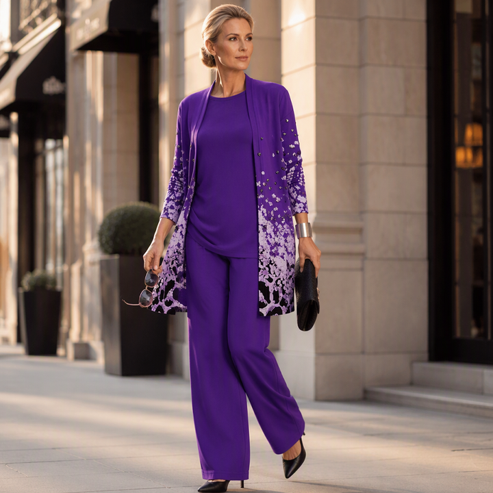 Women's 3-Piece Coordinated Set with Elegant Long Printed Cardigan 12
