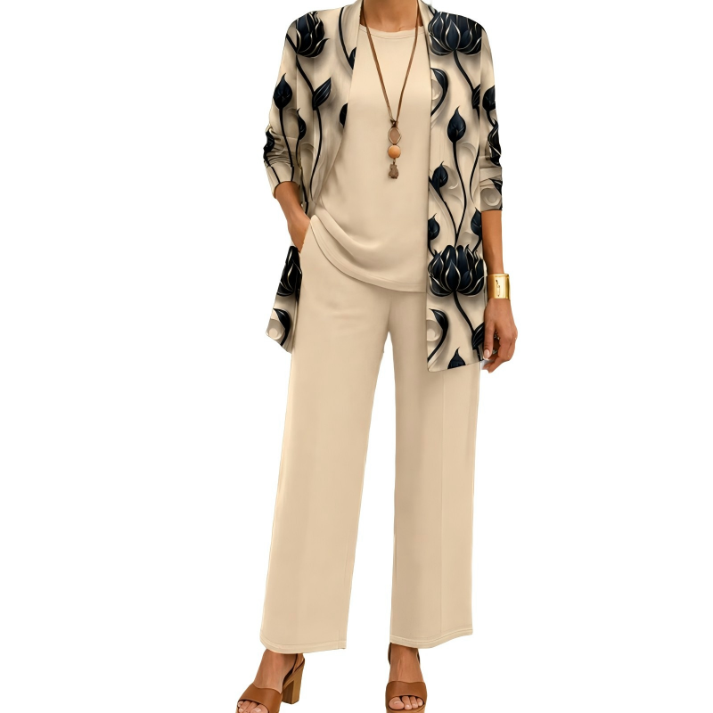 Women's 3-Piece Coordinated Set with Elegant Long Printed Cardigan 1