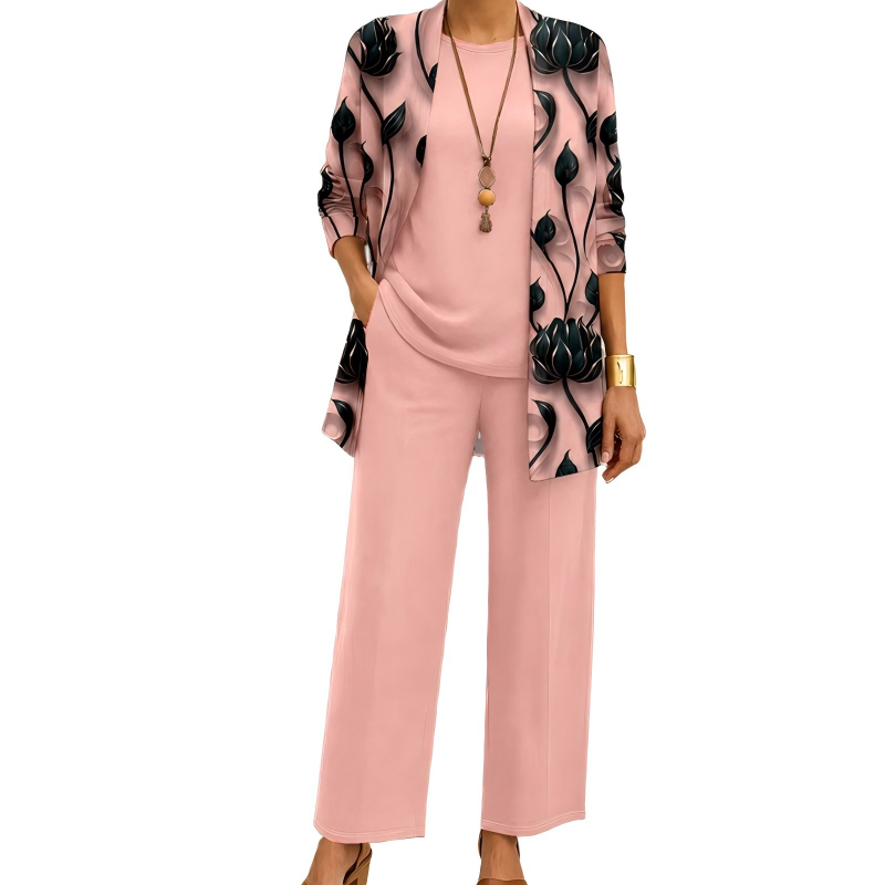 Women's 3-Piece Coordinated Set with Elegant Long Printed Cardigan 2