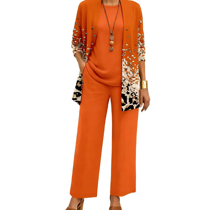 Women's 3-Piece Coordinated Set with Elegant Long Printed Cardigan 3