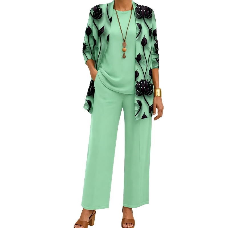 Women's 3-Piece Coordinated Set with Elegant Long Printed Cardigan 6
