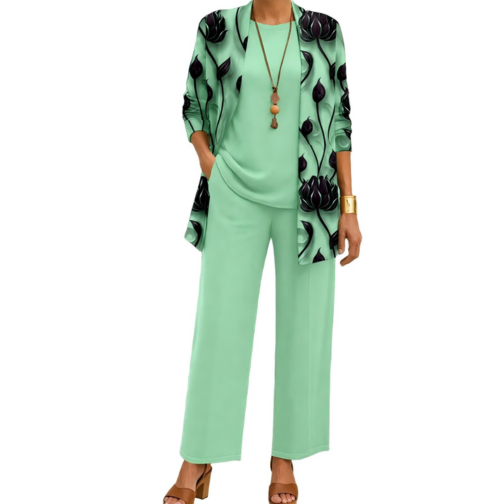 Women's 3-Piece Coordinated Set with Elegant Long Printed Cardigan 6