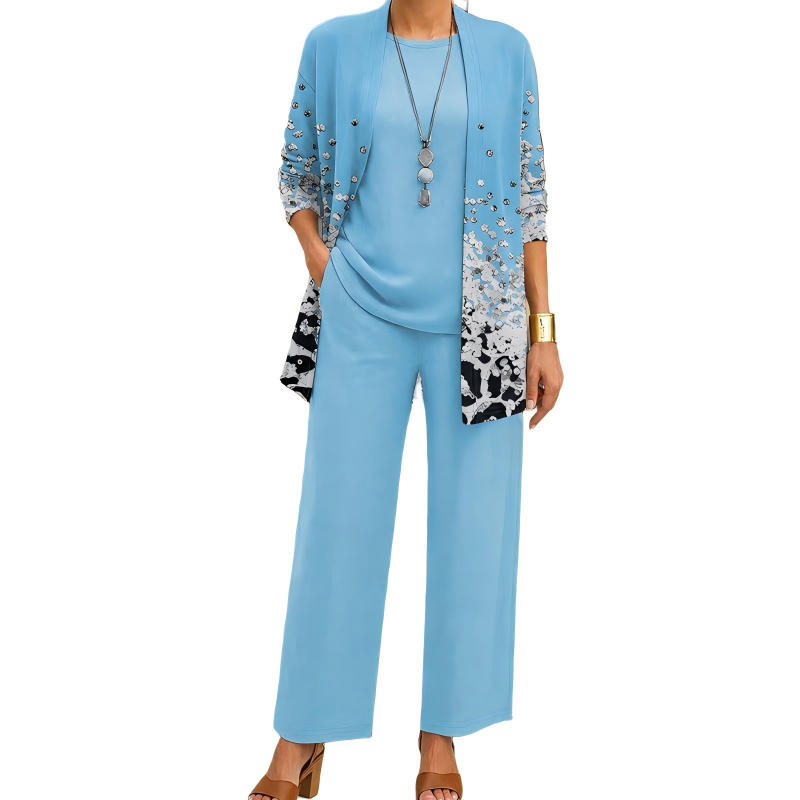 Women's 3-Piece Coordinated Set with Elegant Long Printed Cardigan 11