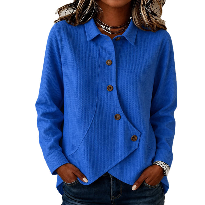 Women's Buttoned Knit Top with Waffle Texture and Asymmetric Hem 1