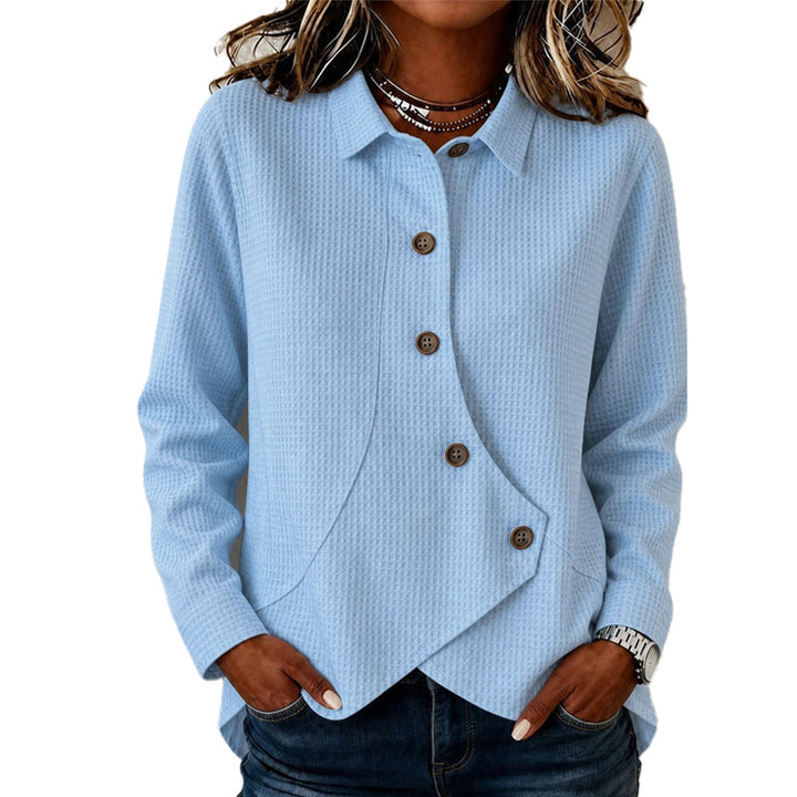 Women's Buttoned Knit Top with Waffle Texture and Asymmetric Hem 3