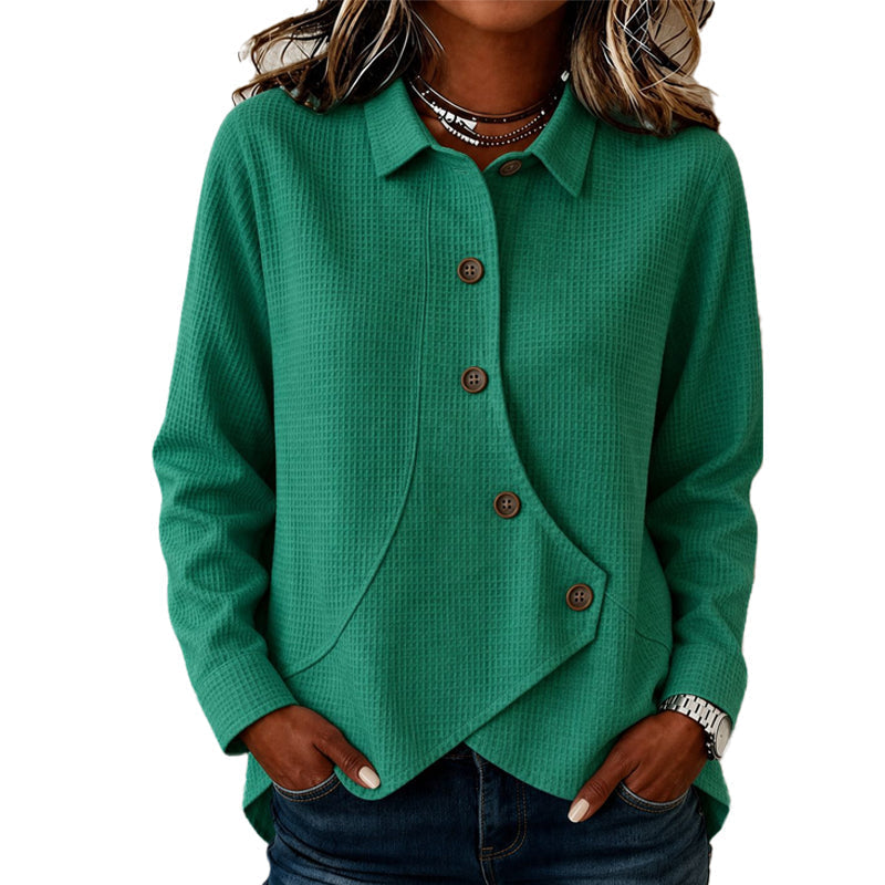 Women's Buttoned Knit Top with Waffle Texture and Asymmetric Hem 2