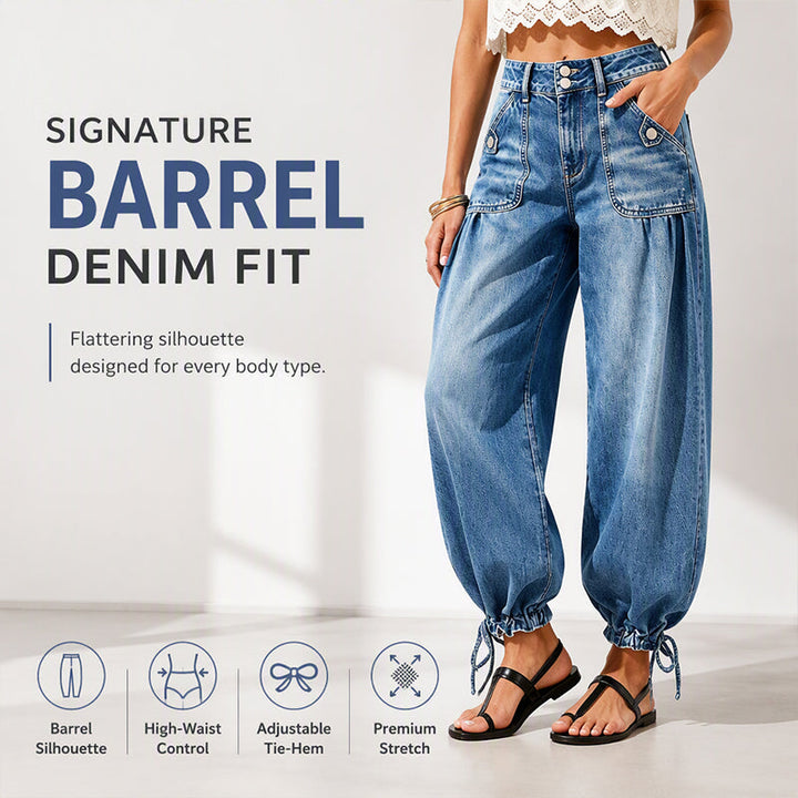 Women's High-Waist Barrel Jeans with Stretch, Adjustable Hem Ties 1