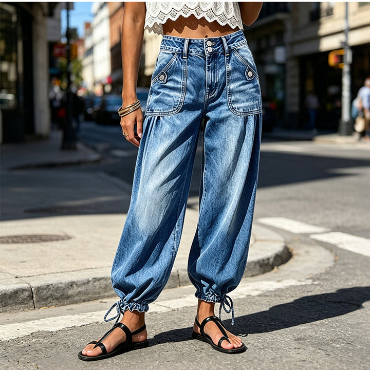 Women's High-Waist Barrel Jeans with Stretch, Adjustable Hem Ties 2