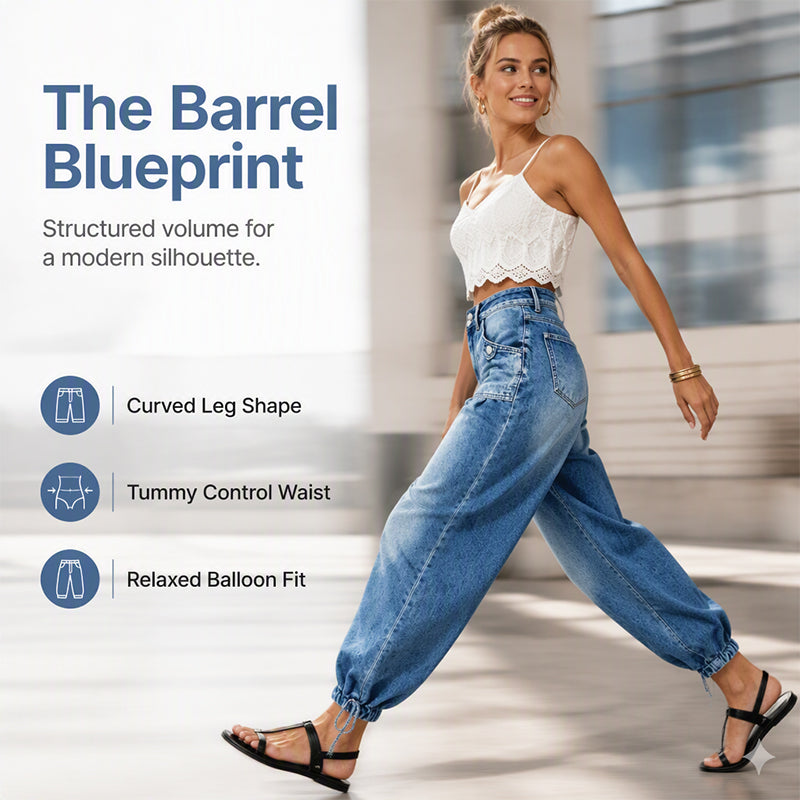 Women's High-Waist Barrel Jeans with Stretch, Adjustable Hem Ties 4