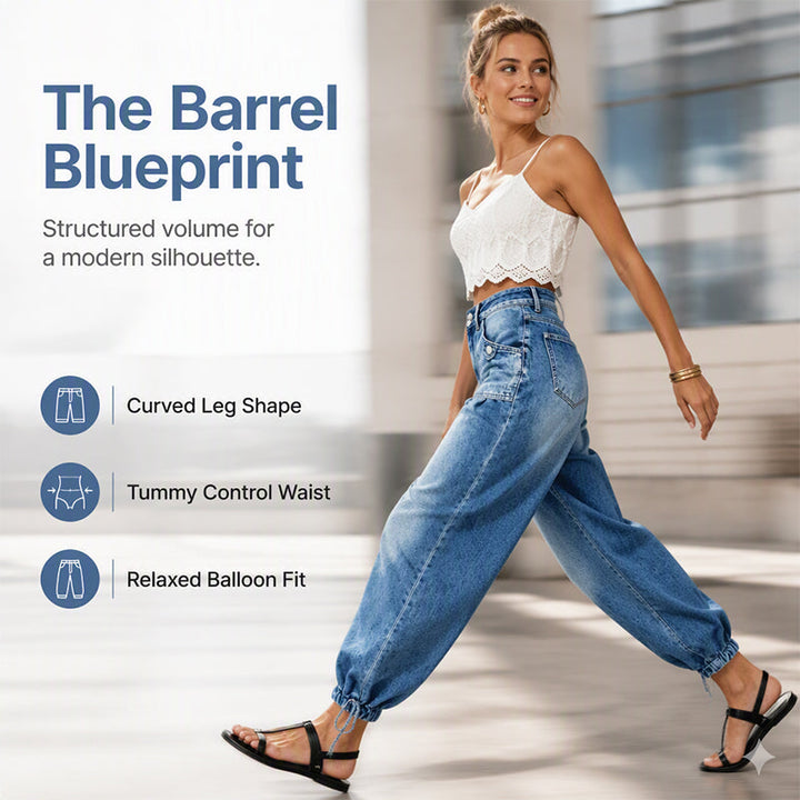 Women's High-Waist Barrel Jeans with Stretch, Adjustable Hem Ties 4