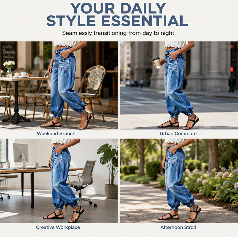 Women's High-Waist Barrel Jeans with Stretch, Adjustable Hem Ties 6