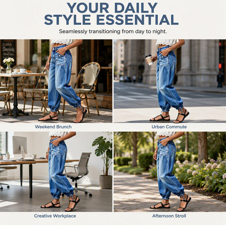 Women's High-Waist Barrel Jeans with Stretch, Adjustable Hem Ties 6