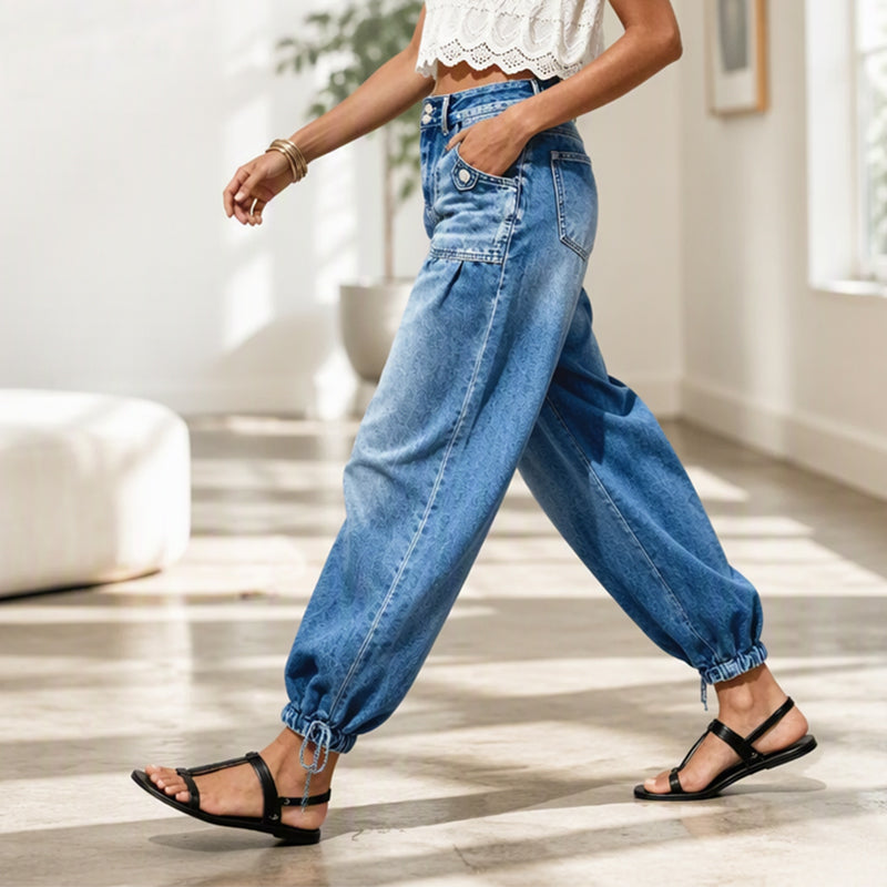 Women's High-Waist Barrel Jeans with Stretch, Adjustable Hem Ties 7