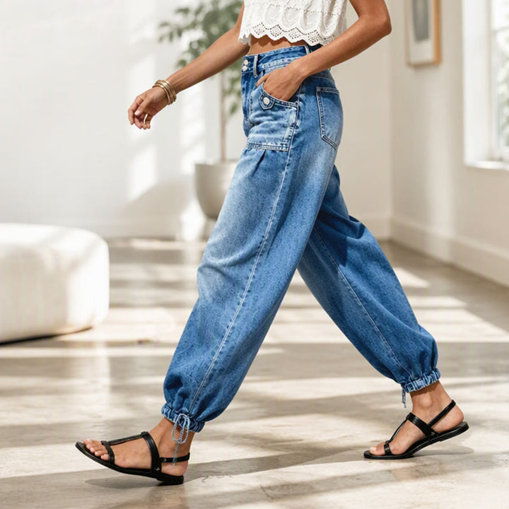 Women's High-Waist Barrel Jeans with Stretch, Adjustable Hem Ties 7