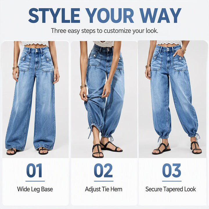Women's High-Waist Barrel Jeans with Stretch, Adjustable Hem Ties 8