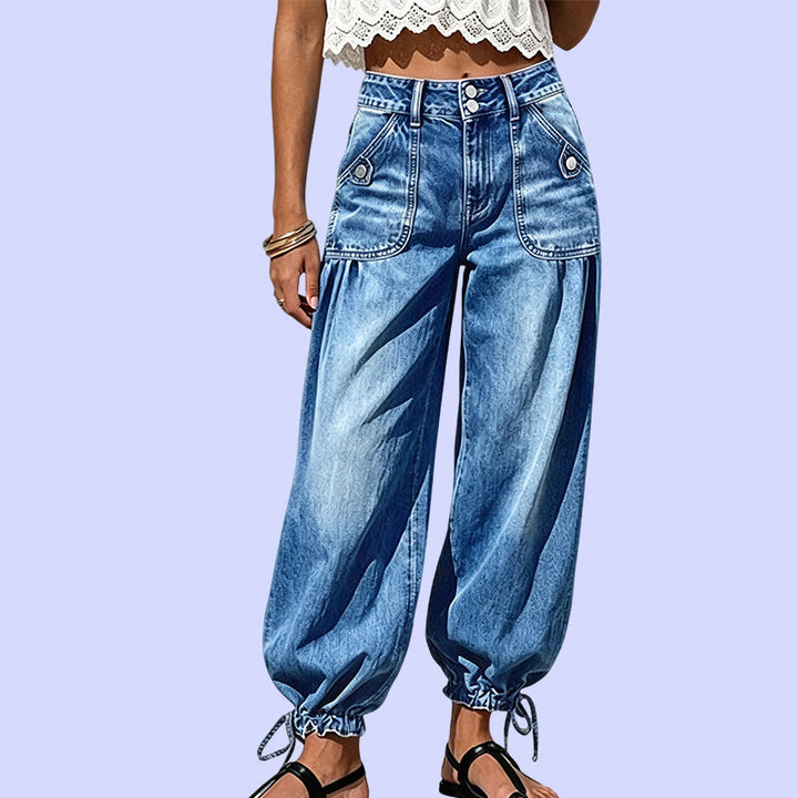 Women's High-Waist Barrel Jeans with Stretch, Adjustable Hem Ties 10