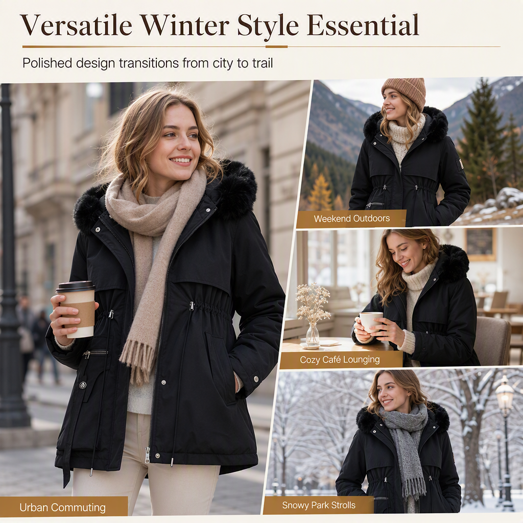 Women's Winter Parka with Faux Fur Trim, Quilted and Windproof 7