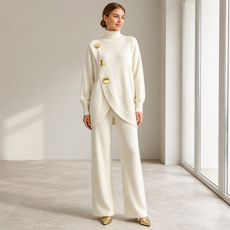 Two-Piece Knit Set with Asymmetric Button Top and Wide-Leg Pants 7