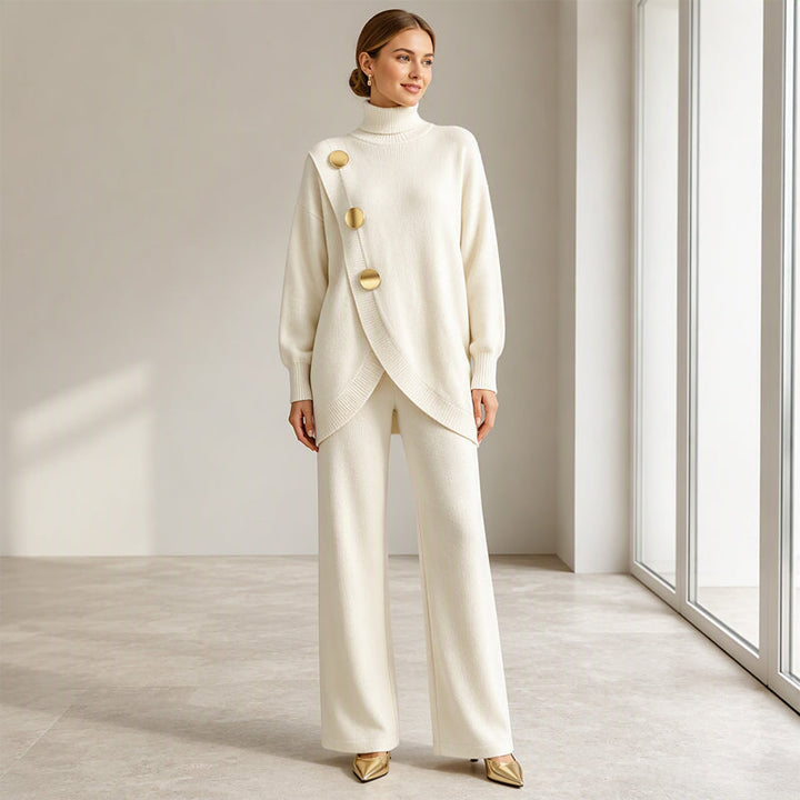 Two-Piece Knit Set with Asymmetric Button Top and Wide-Leg Pants 7