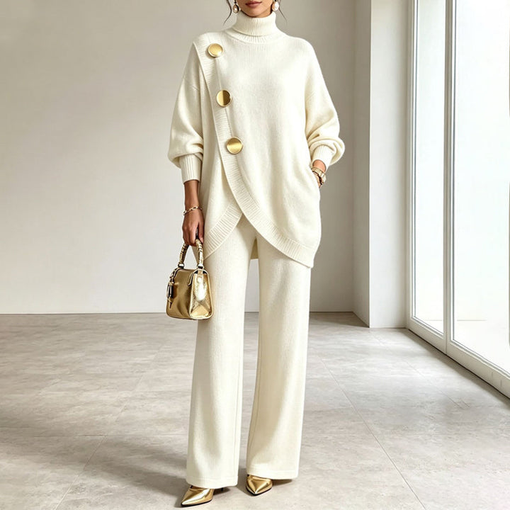Two-Piece Knit Set with Asymmetric Button Top and Wide-Leg Pants 2
