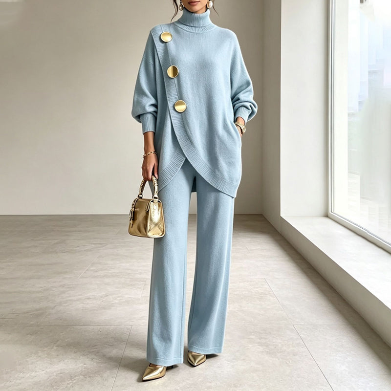 Two-Piece Knit Set with Asymmetric Button Top and Wide-Leg Pants 1