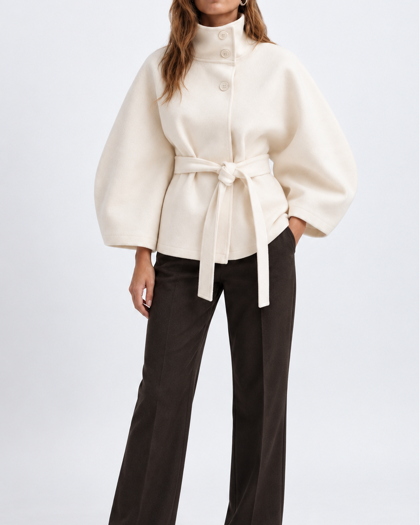 Women's Wool Blend Belted Cape Coat with High Collar and Button Front 4