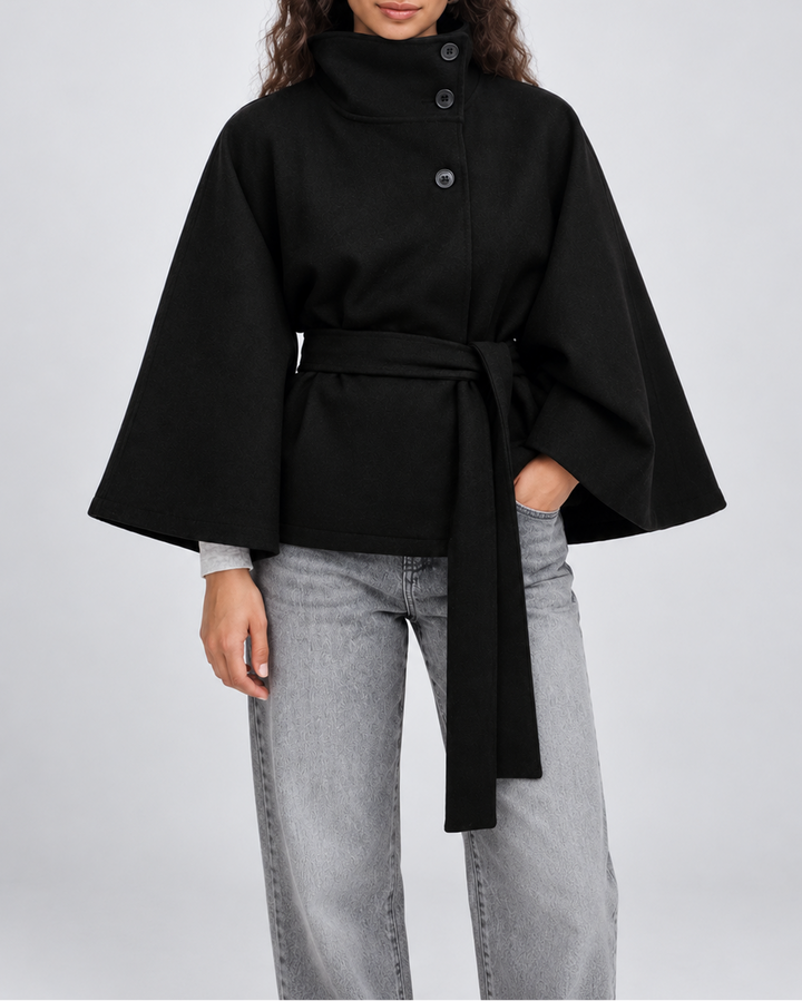 Women's Wool Blend Belted Cape Coat with High Collar and Button Front 7