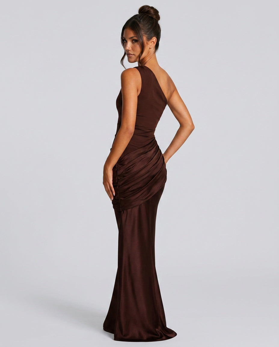 One Shoulder Draped Satin Maxi Dress 7