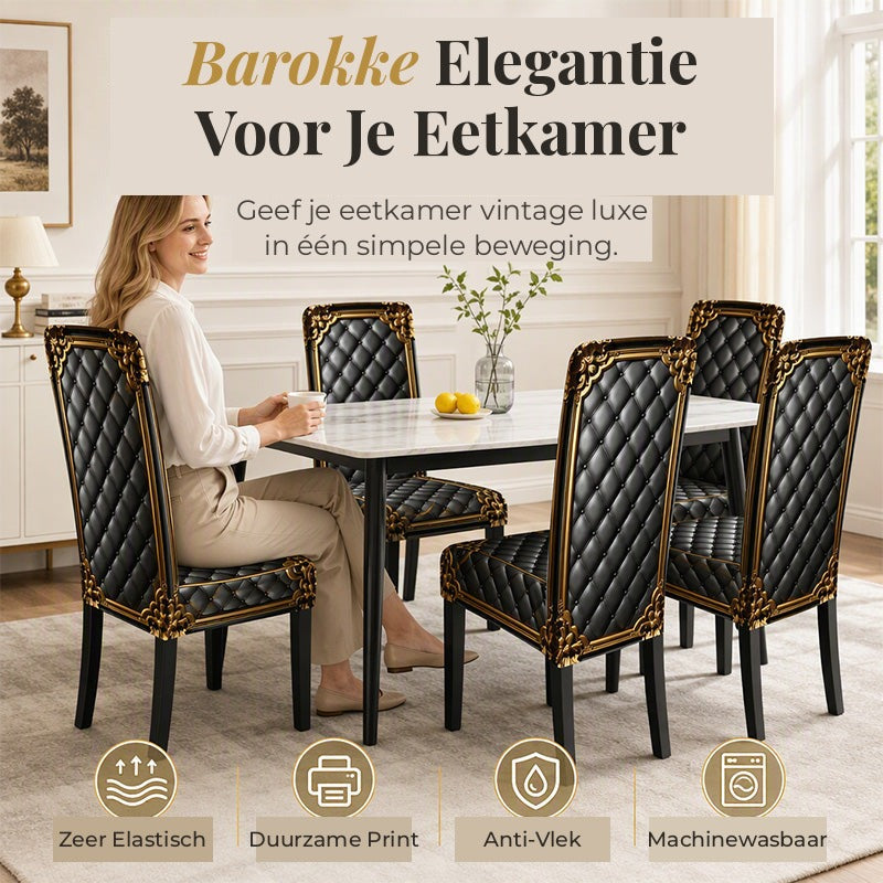 Baroque Stretch Chair Covers with Gold Detail Print - Washable Dining Chair Slipcovers 1