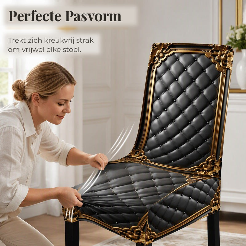 Baroque Stretch Chair Covers with Gold Detail Print - Washable Dining Chair Slipcovers 3