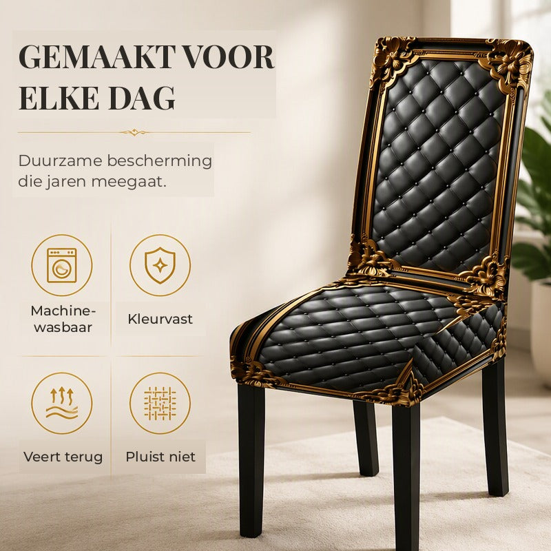 Baroque Stretch Chair Covers with Gold Detail Print - Washable Dining Chair Slipcovers 4