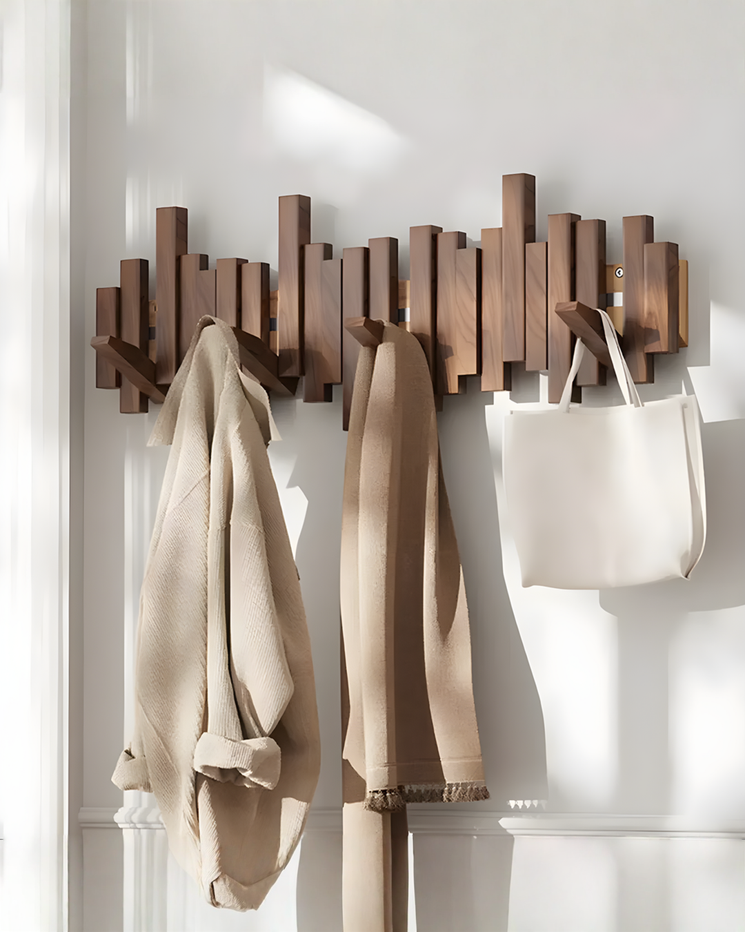 Wooden Wall Coat Rack with Foldable Magnetic Hooks – Beech, 3-10 Hooks 3
