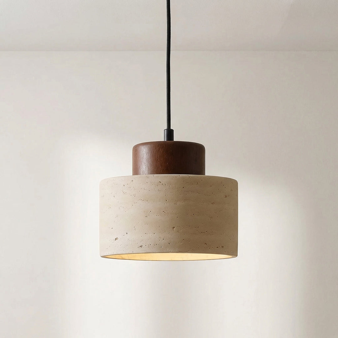 Natural Travertine Stone Pendant Light with Wood Accent, Dimmable LED 6